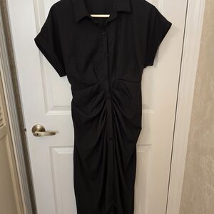 Black Ruched Button-Front Women's Dress